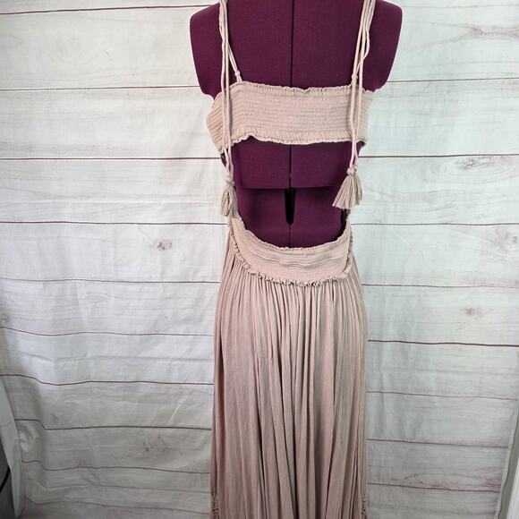 Free People Dress Womens Large Mauve Boho Maxi Lace Crochet Ruffle Smocked - Picture 5 of 14